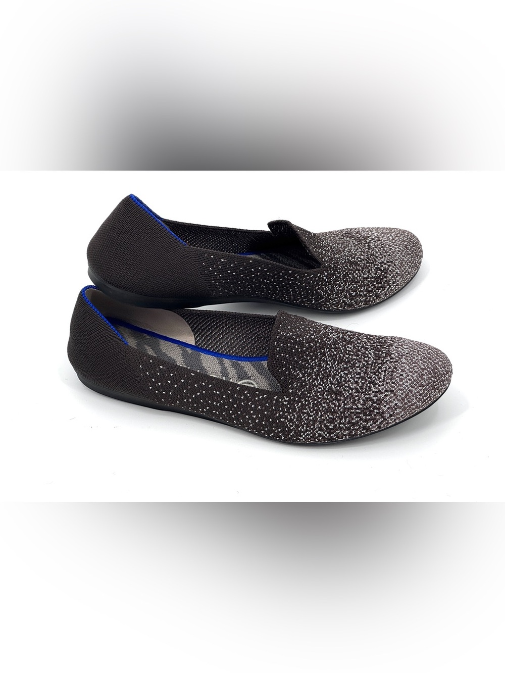 Rothy's Brown Knit Slip-On Loafers flats with metallic Silver 9